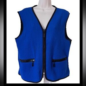 Vintage Red Hot. Women’s Fleece Vest M Blue  Black Trim Zipper Zippered Pockets